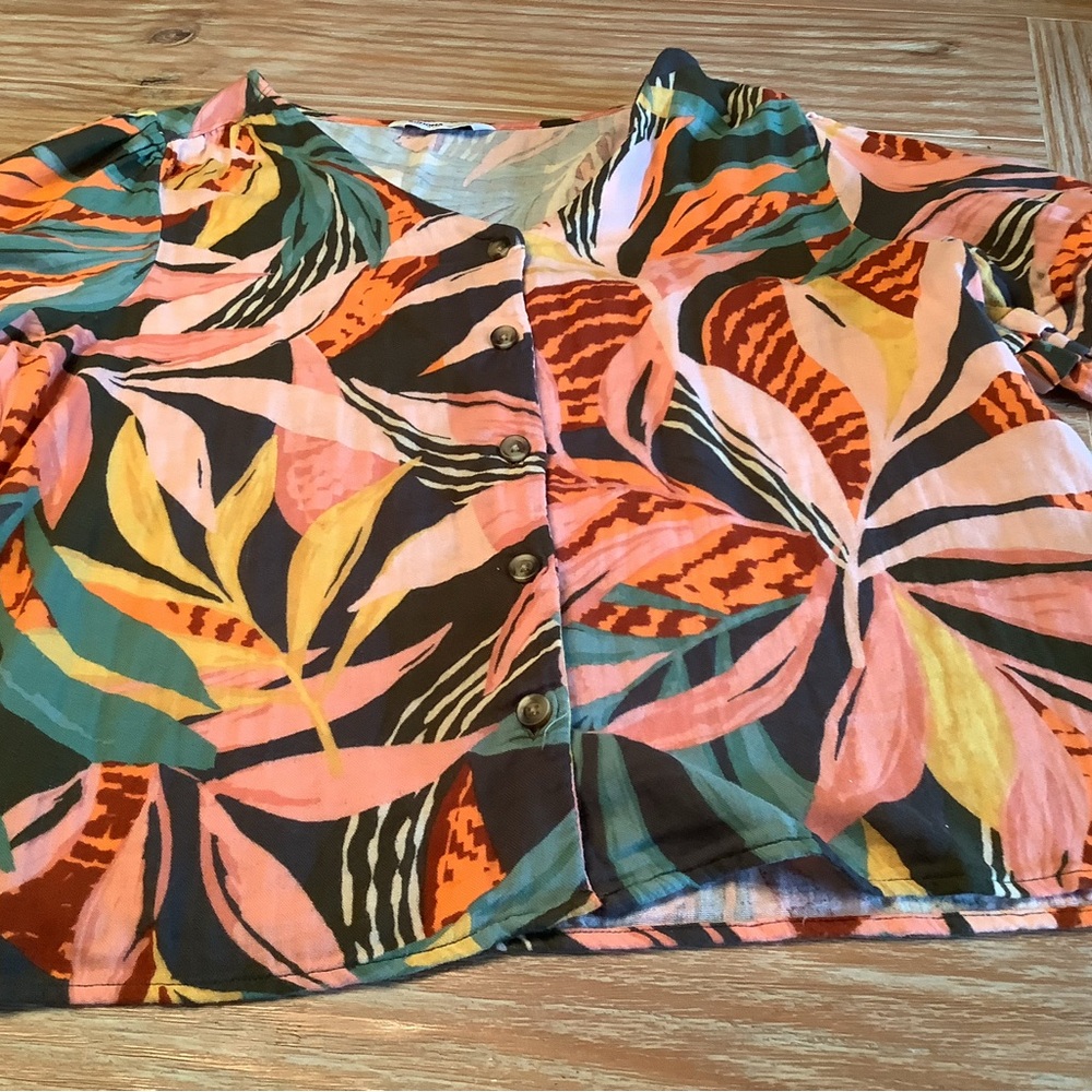 Sonoma Orange Green Blue Tropical Print Button Front Top